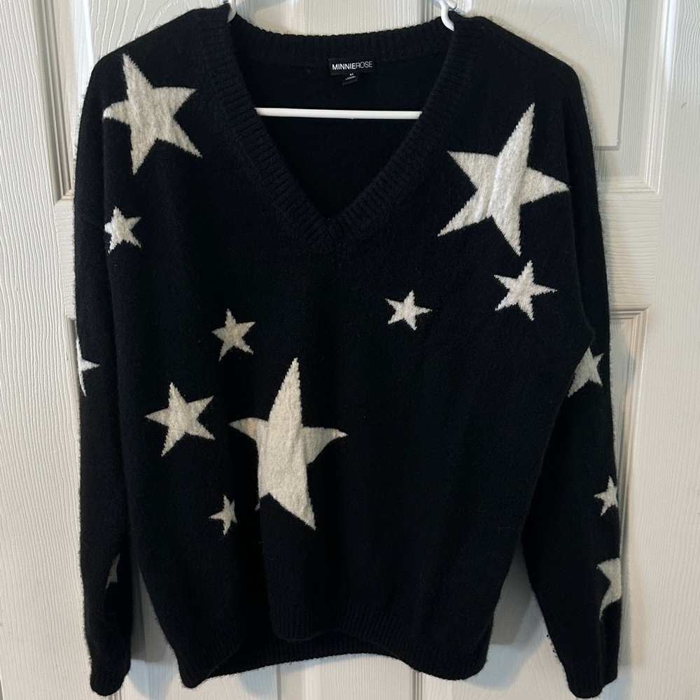 Minnie Rose Black Star Boyfriend Cashmere Sweater Size M